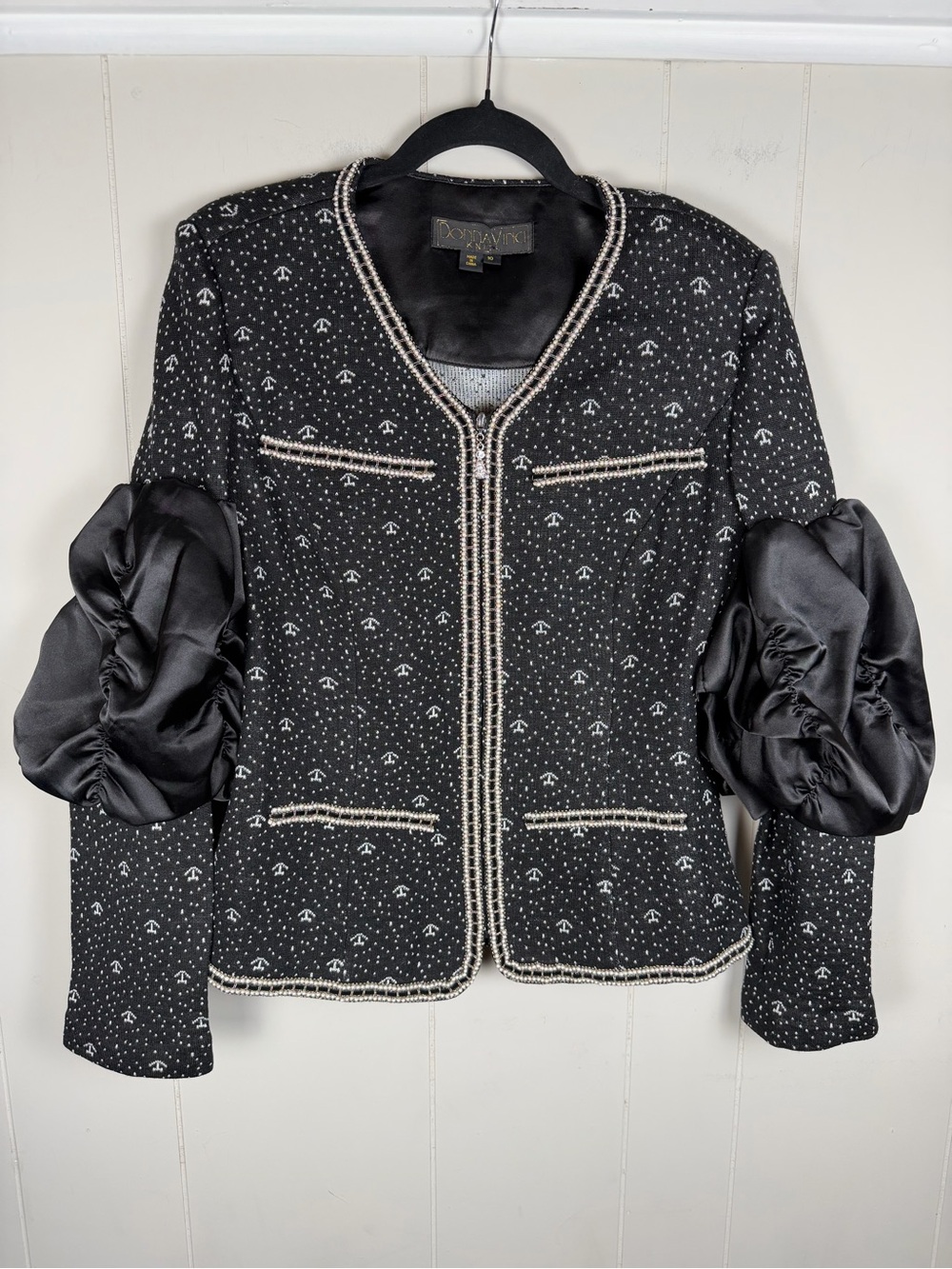 Donna Vinci Knits Black Jacket Pearl Trim Satin Puff Sleeves Size 10 Maximalist